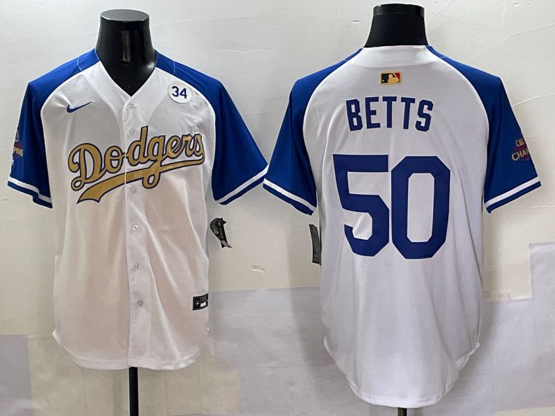 Men Los Angeles Dodgers #50 Betts White Blue Champion gold character Nike 2025 MLB Jersey style 5057->los angeles dodgers->MLB Jersey